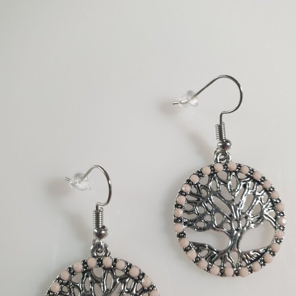 Tree Of Life Dangle Earrings With Pink Beaded Trim & Stainless Steel Hooks - Picture 3 of 6